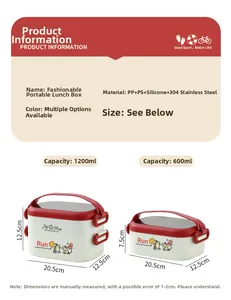 Size chart for 304 stainless steel lunch box with 600ml and 1200ml capacity details
