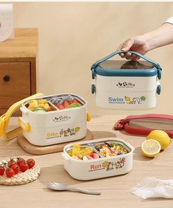 Detail of multi-layer 304 stainless steel lunch box with cartoon sports theme patterns