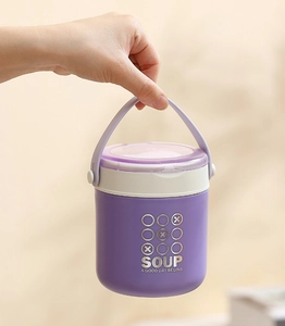 Portable purple stainless steel soup cup with handle and 'A Good Day Begins' text