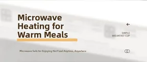 Detail showing simple breakfast cup with microwave safe heating feature for food and soup