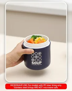 Blue insulated soup mug with handle showing healthy vegetables in a kitchen setting