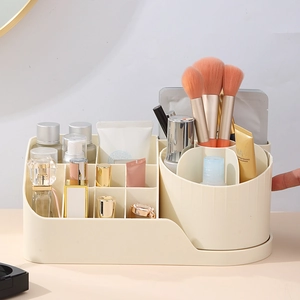Roterende crème make-up organizer met diverse vakken en houder voor penselen