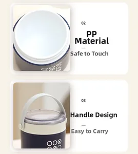 Detail view of durable PP material and convenient handle design on a blue soup cup