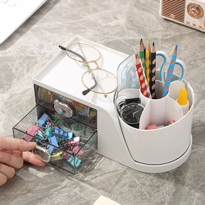 Multi-functional white desk organizer with rotating compartments and transparent drawers