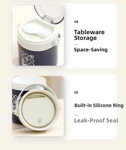 Detail view of leak-proof lid with silicone ring and built-in utensil storage compartment