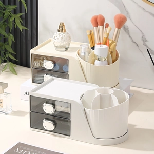 Cosmetic desk organizer with two drawers and rotating makeup brush holder storage