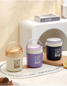 Detailed view of portable stainless steel soup mugs in beige, purple, and navy blue colors