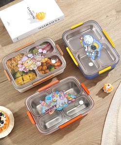 Roestvrijstalen lunchtrommel met 3 vakken en luchtdichte cartoon-deksels voor eten