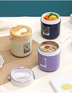 Detail of insulated stainless steel soup container with built-in folding spoon and handle