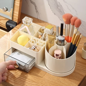 Desktop Makeup Organizer Box With Rotating Brush Holder And Transparent Drawer For Vanity Table Perfume Skincare Storage Case