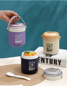Three colorful 304 stainless steel insulated soup cups with handles and folding spoons