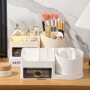 Minimalist cream makeup organizer with a bear-shaped handle drawer and rotating brush holder