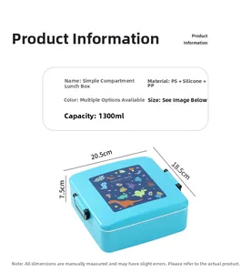 Detail view of the 1300ml blue bento box showing internal compartments and dinosaur lid