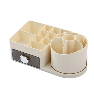 Minimalist white desktop organizer with multi-compartments, rotating slot, and drawer