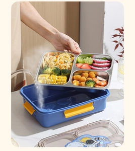 Detail van roestvrijstalen lunchbox met 3 compartimenten en warmwaterverwarmingsfunctie