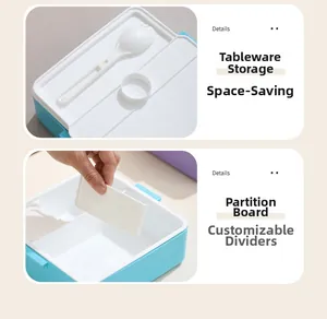 Detail view of lunch box with utensil storage and adjustable divider for easy meals