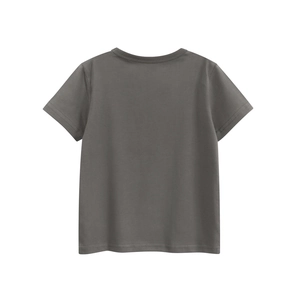 Back view of girls' charcoal grey cotton T-shirt showing smooth fabric and neat stitching