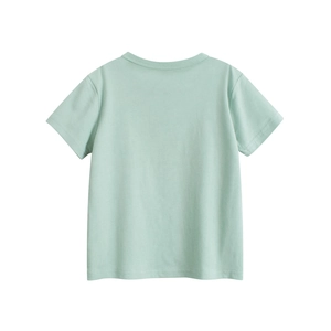 Vista posteriore della t-shirt in cotone verde menta con girocollo su sfondo bianco