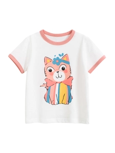 Mädchen T-Shirt Aus Reiner Baumwolle Kurzarm Koreanischer Stil Cartoon Katze Weicher Rundhals Atmungsaktiv Sommer Oberteil