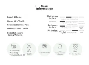 Detailed size chart for girls' 100% cotton long-sleeved T-shirt with washing guide