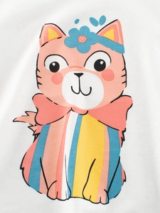 Kinder T-Shirt aus weißer Baumwolle mit süßem Katzenmotiv und bunten Streifen