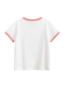 Minimalistisches Kinder T-Shirt in Weiß mit rosa geripptem Kragen und Ärmeln