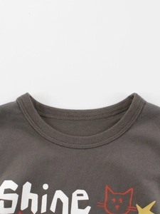 Dark grey cotton T-shirt for girls featuring a white Shine print and red cat graphic