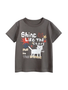 Short sleeve dark grey kids cotton T-shirt featuring cartoon cat and stars print
