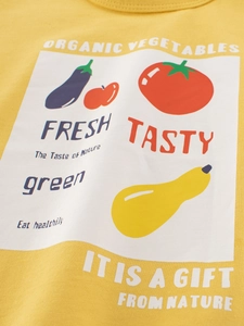 Yellow kids short sleeve T-shirt with organic vegetable and fruit print detail