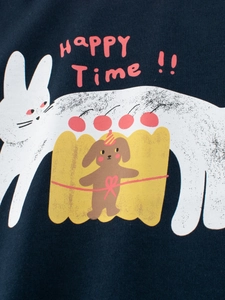 T-shirt manches longues fille avec imprimé Happy Time chat et chien sur fond bleu