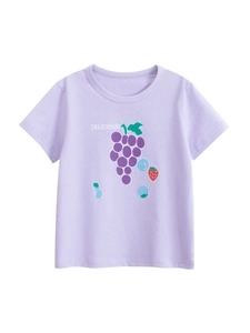 Mädchen Baumwolle Kurzarm T-Shirt Frucht Traube Erdbeere Druck Sommer Casual Lavendel Rundhalsausschnitt Top
