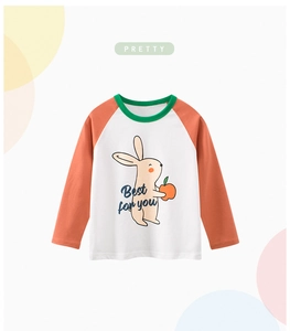 Detail eines Kinder T-Shirts aus Baumwolle mit orangefarbenen Raglanärmeln und Hasen