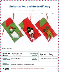 Detail of Christmas burlap gift bags with 3D Santa, Snowman and Reindeer plush dolls