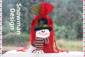 Close-up of burlap Christmas gift bag with 3D snowman doll and drawstring closure