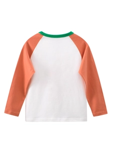 Rückansicht von Kinder Langarm Raglan T-Shirt in Weiß und Orange Kontrastfarben