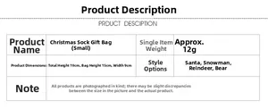 Size chart for mini 19cm Christmas stocking bags featuring Santa and snowman themes