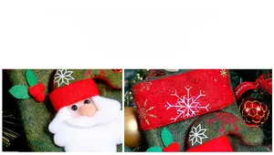 Detail of Santa Claus patchwork and snowflake embroidery on felt Christmas stocking decor