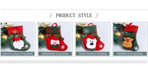 Detail of Christmas stocking set featuring Santa, Snowman, Bear, and Reindeer plush designs
