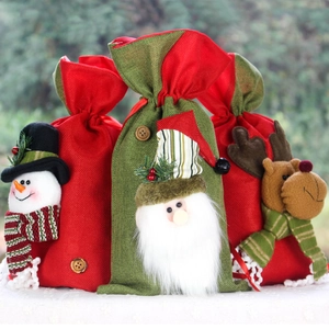 Christmas Burlap Gift Bags Santa Snowman Reindeer Dimensional Dolls Drawstring Candy Storage Holiday Party Festive Decoration