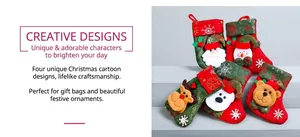 Detailed view of four festive Christmas stockings featuring Santa, reindeer, and snowman