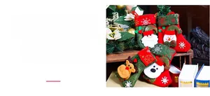Detailed view of four festive Christmas stockings featuring Santa, reindeer, and snowman