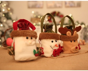 Three-piece set of plush Christmas gift bags with Santa, snowman and reindeer designs