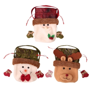 Three Christmas gift bags featuring Santa, Snowman, and Reindeer with drawstring closure