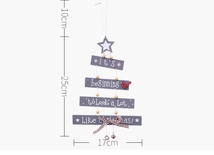 Christmas tree shaped wooden hanging ornament with grey planks and festive text details