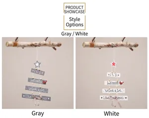 Macro view of Christmas tree wood ornaments with star, bow and bell details