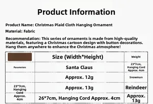 Detailed size chart for Christmas fabric hanging ornaments featuring Santa and Snowman
