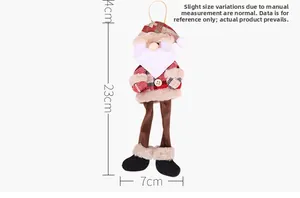 Detail view of plush Santa decoration with red plaid fabric and dimensions 23cm by 7cm