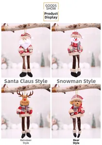 Detailed view of four Christmas plush ornaments with plaid fabric and long dangling legs