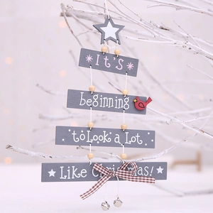 Christmas tree shaped wooden hanging ornament with festive text and checkered bow decoration