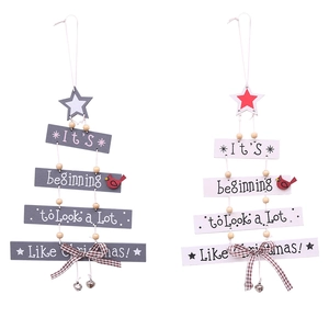 Wooden Christmas tree hanging ornaments with star topper and festive red bird details